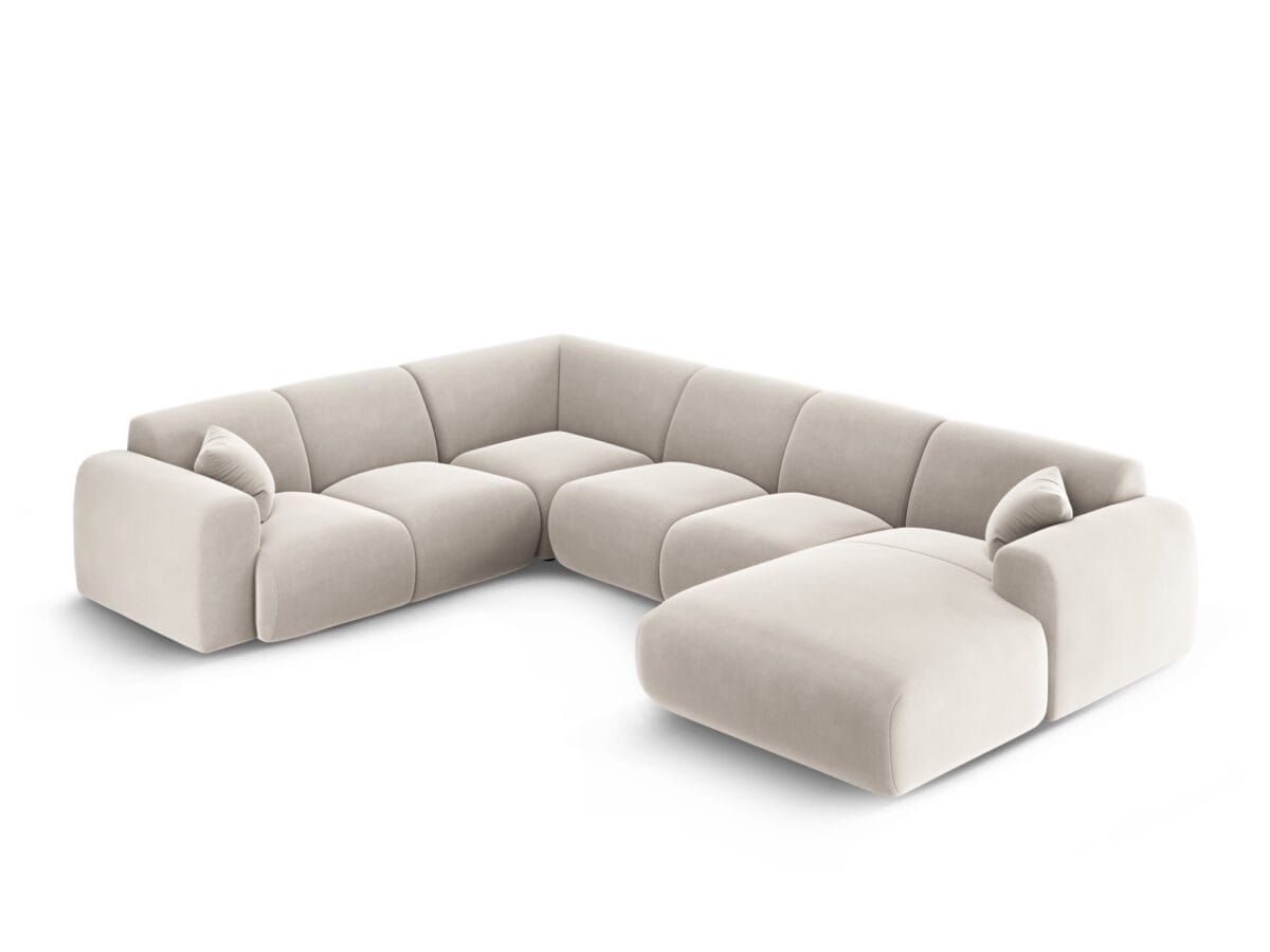Panorama-Ecksofa Nolio 6-Sitzer linksseitig aus Samt, hellbeige