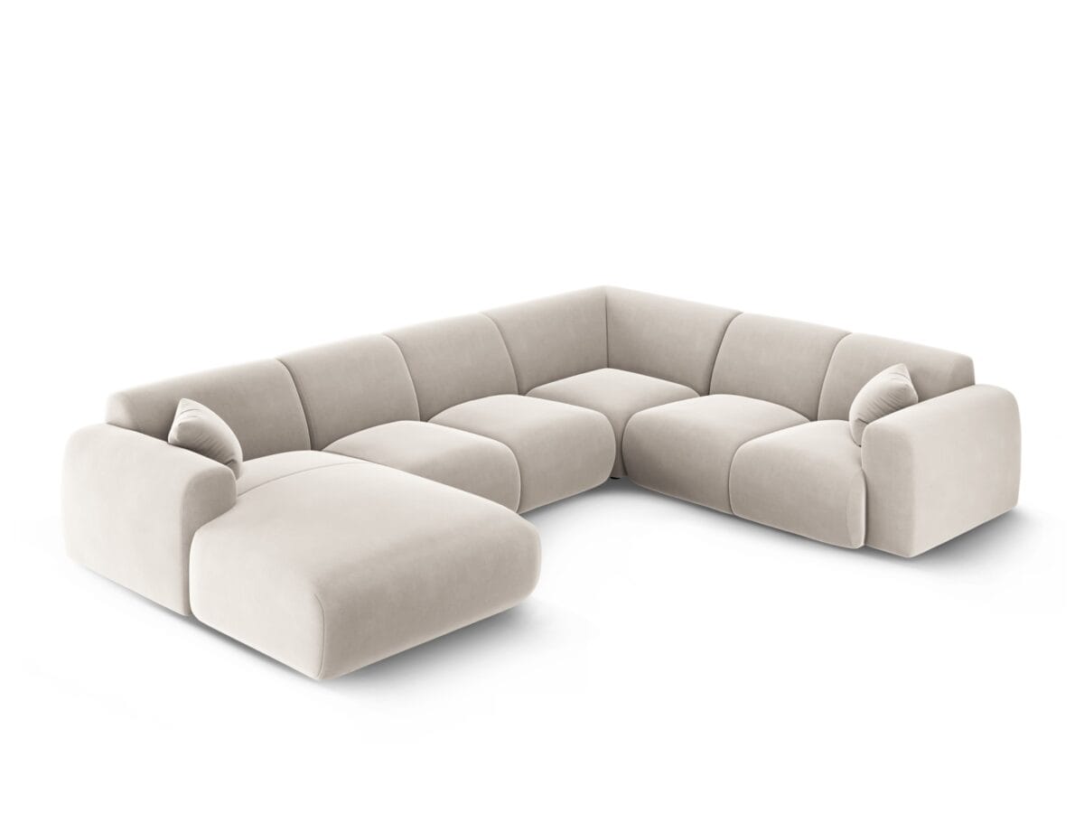 Panorama-Ecksofa Nolio 6-Sitzer rechtsseitig aus Samt, hellbeige